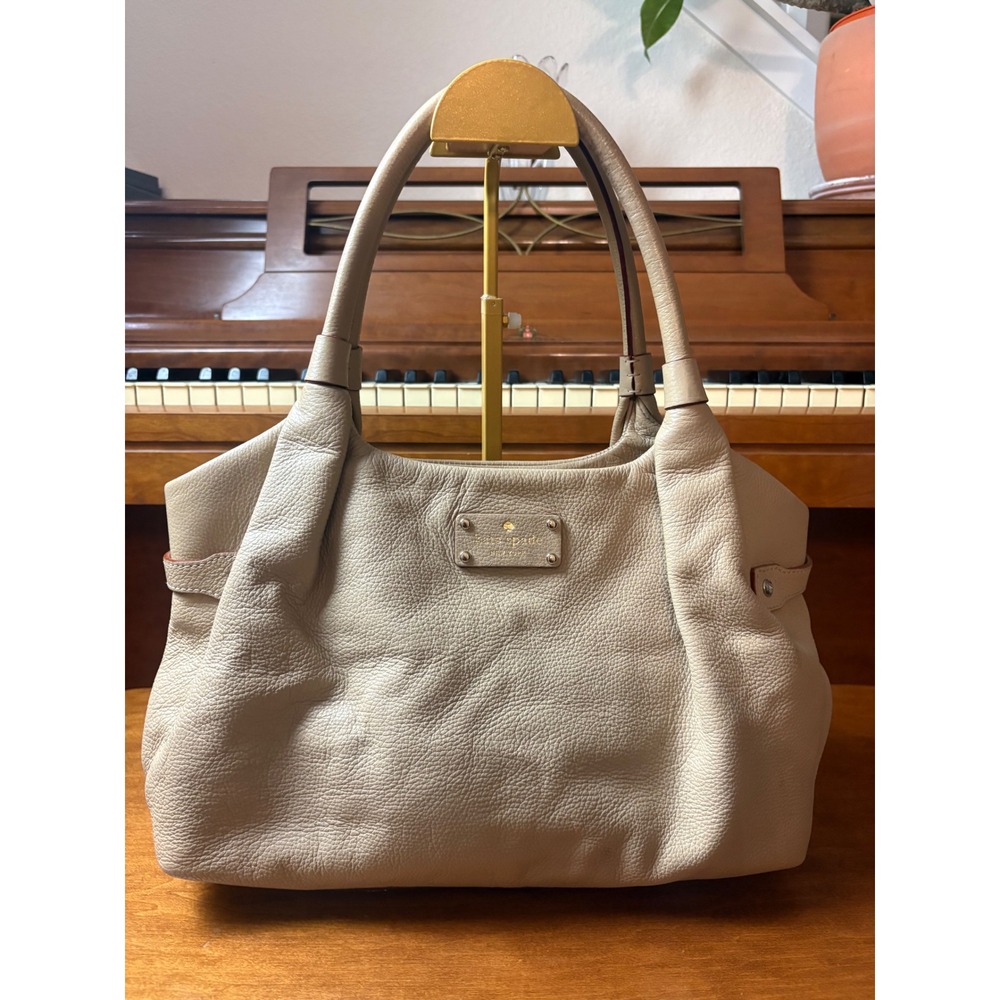 Kate Spade Pebbled‎ Leather Large Shoulder Tote Beige Polka Dot Lining Bag